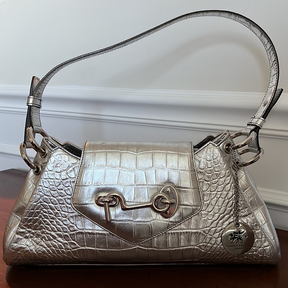 Tanner Krolle London Silver Metalic Crocodile  Embossed Leather Shoulder bag
